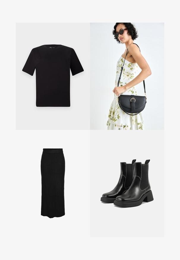 Svart t-skjorte med korte ermer og rund hals, laget av mykt bomullsstoff. Enkelt design, ingen synlige logoer eller mønstre.; Pieces Maxiskjørt - black; Sorte lær Chelsea støvler med en kraftig hæl, elastiske sidepaneler og kontrasterende hvid syning. Teksturert overflate.; Svart lærveske med en buet form, avtagbar stropp og gullbeslag. Vesken har et klaff med spenne-detall.