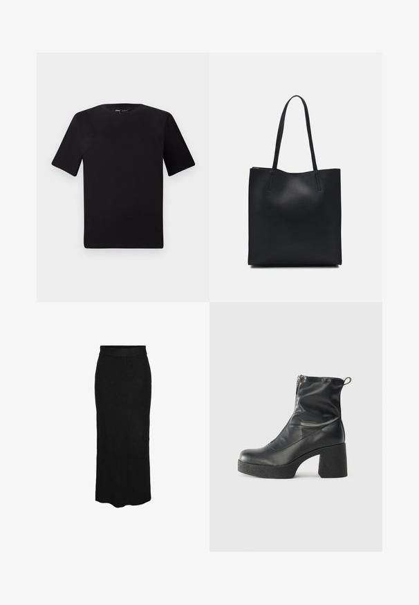 Must olema lühikeste varrukatega must t-särk ümmarguse kaelusega, valmistatud pehmest puuvillast kangast. Lihtne disain, ilma nähtavate logode või mustriteta.; Pieces Maksiseelik - black; Mustad mustad ansapüksid, mis on valmistatud siledast nahast, külje zipperiga, paksu tekstuuriga kontsaga ja ümmarguse nina disainiga.; Mustast nahast kott sujuva tekstuuriga, ristkülikukujuline ja kahe pika sangaga. Pole nähtavat riistvara ega kaunistusi.