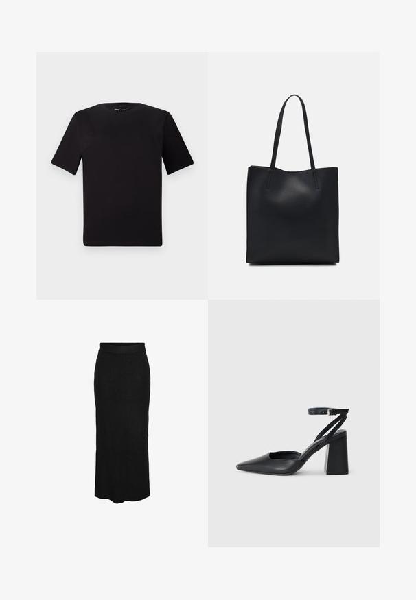 Černé tričko s krátkým rukávem a kulatým výstřihem, vyrobené z měkké bavlněné látky. Jednoduchý design, žádné viditelné logo nebo vzory.; Pieces Maxi sukně - black; Černé kožené lodičky se špičatou špičkou, kotníkovým páskem a silným podpatkem. Hladká textura, elegantní design a minimalistická estetika.; Černá kožená taška přes rameno s hladkým povrchem, obdélníkovým tvarem a dvěma dlouhými uchy. Žádné viditelné kování ani ozdoby.