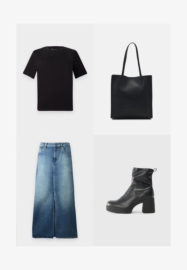 Camiseta negra de manga corta con cuello redondo, fabricada en suave algodón. Diseño simple, sin logos ni patrones visibles.; Falda de mezclilla en un degradado de azul claro a oscuro, con una abertura frontal, cinturilla estándar y corte recto con bordes dobladillados.; Botines negros de tobillo, hechos de cuero suave, con cierre lateral, tacón grueso texturizado y diseño de punta redondeada.; Bolso tote de cuero negro con textura lisa, forma rectangular y dos asas largas. Sin herrajes ni adornos visibles.
