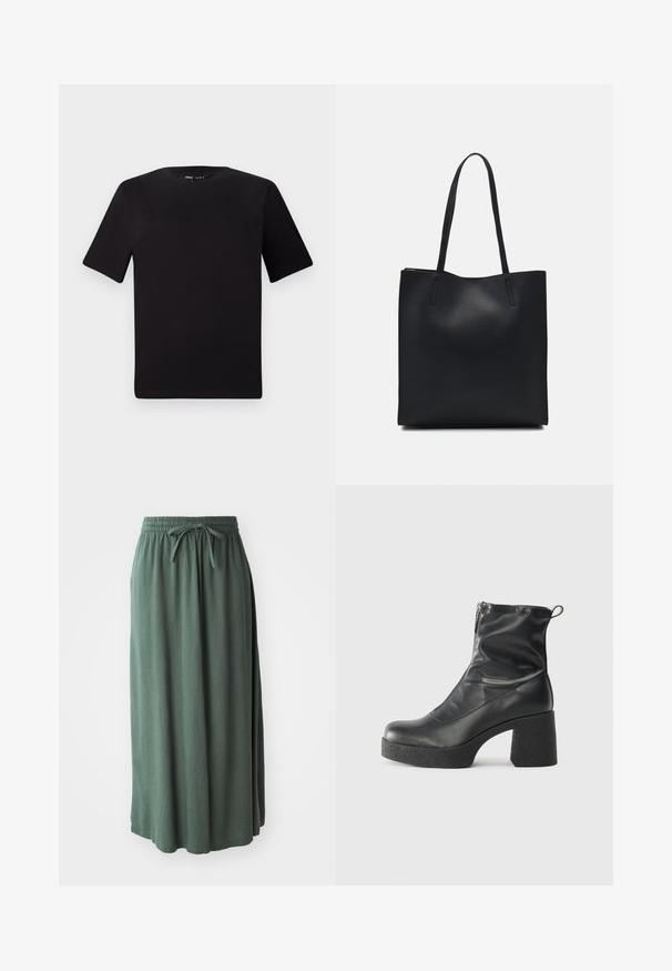 Juodas trumpas rankovės marškinėlis su apvaliu iškirpimu, pagamintas iš minkštos medvilnės medžiagos. Paprastas dizainas, be matomų logotipų ar raštų.; Žalia, vidutinio ilgio sijonas, pagamintas iš minkštos medžiagos su elastinga juostele ir reguliuojamu raiščiu; lygus paviršius ir paprastas dizainas.; Juodos kulkšninių botai, pagaminti iš lygaus odos, su šoniniu užtrauktuku, masyviu tekstūruotu kulnu ir apvaliu pirštu.; Juodas odinis tote krepšys su lygia tekstūra, stačiakampio formos ir dviem ilgais rankenomis. Matomų metalinių detalių ar puošybos nėra.