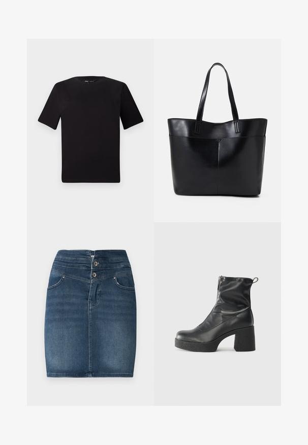 Črna majica s kratkimi rokavi in okroglim izrezom, izdelana iz mehkega bombažnega materiala. Preprost dizajn, brez vidnih logotipov ali vzorcev.; Denim mini krilo v temno modri barvi z zapiranjem na dva gumba, zasnovo s petimi žepi in ravnim krojem. Ima gladko teksturo in minimalno zbledelost.; Črne gležnjarje iz gladke kože z božnim zadrgo, masivnim teksturiranim peto in zaobljeno obliko prstov.; Črna usnjena torba z dvema dolgima ročajema, gladko teksturo in strukturirano obliko. Ima sprednji žep za dodatno shranjevanje.
