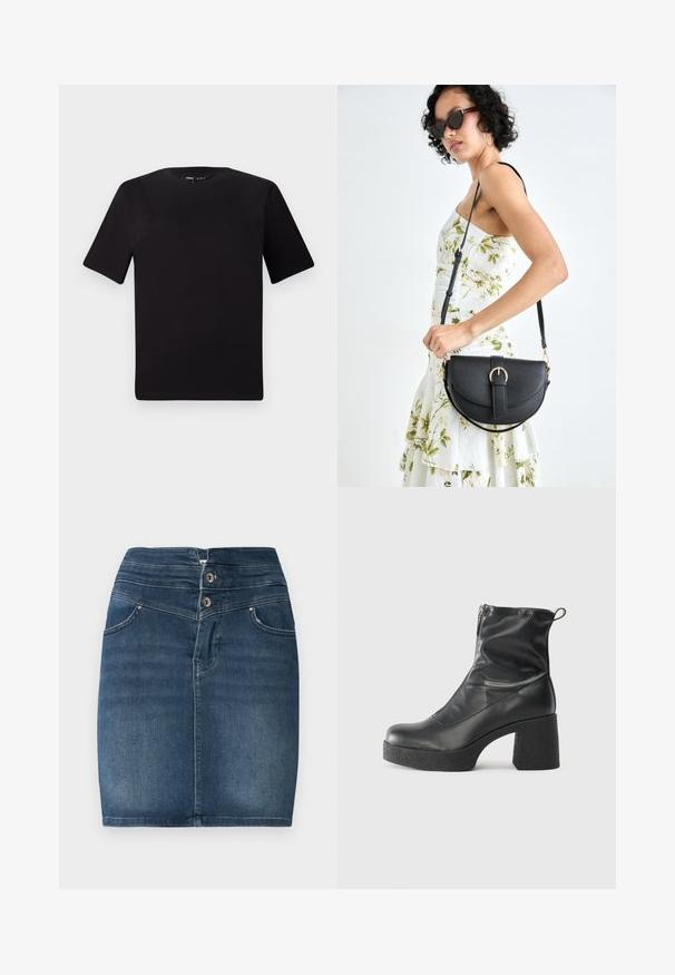 Crna majica kratkih rukava s okruglim izrezom, izrađena od mekane pamučne tkanine. Jednostavan dizajn, bez vidljivih logotipa ili uzoraka.; Traper suknja mini u tamnoplavoj boji s dvostrukim kopčanjem, dizajnom s pet džepova i ravnim krojem. Ima glatku teksturu i minimalno izbljeđivanje.; Crne gležnjače od glatke kože, s bočnim zatvaračem, debelim teksturiranim potplatom i dizajnom s zaobljenim prstima.; Crna kožna torba s lukovitim oblikom, odvojivim remenom i zlatnim detaljima. Torba ima preklop s kopčom.