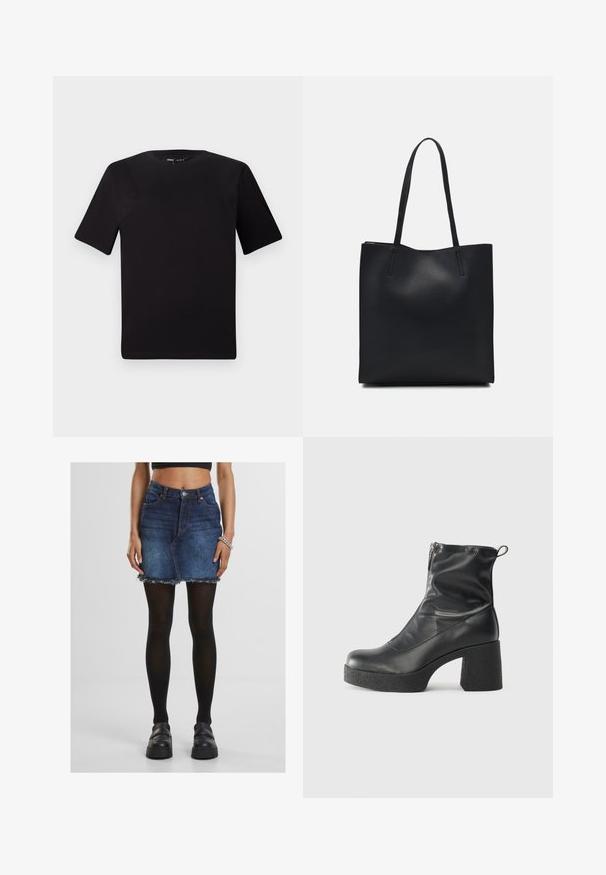Čierne tričko s krátkym rukávom a okrúhlym výstrihom, vyrobené z mäkkej bavlny. Jednoduchý dizajn, bez viditeľných log alebo vzorov.; Džínová minisukňa s roztrhnutým lemom, má vysoký pás, predné vrecká a modré praní. Nosená s čiernymi nepriehľadnými pančuchami a masívnymi čiernymi topánkami.; Čierne členkové topánky z hladkej kože, so bočným zipsom, robustnou textúrovanou pätnou časťou a zaobleným dizajnom špičky.; Čierna kožená taška na rameno s hladkým povrchom, obdĺžnikovým tvarom a dvoma dlhými uchami. Bez viditeľného kovania alebo ozdôb.