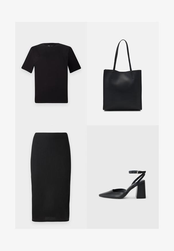 Črna majica s kratkimi rokavi in okroglim izrezom, izdelana iz mehkega bombažnega materiala. Preprost dizajn, brez vidnih logotipov ali vzorcev.; Črna rebrasta svinčnik krila v oprijetem oblikovanju, s gladko teksturo in dolžino do kolen. Preprost pas brez okrasitev.; Črne usnjene klasične čevlje z ostrim nosom, z zaponko za gleženj in debelim peto. Ravna tekstura, eleganten dizajn in minimalistična estetika.; Črna usnjena torba s svilnato teksturo, pravokotne oblike in dvema dolgima ročajema. Brez vidnih metalnih delov ali okrasnih elementov.