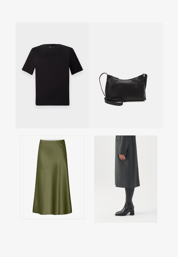 Czarna koszulka z krótkim rękawem o okrągłym dekolcie, wykonana z miękkiej bawełny. Prosty design, bez widocznych logo ani wzorów.; Oliwkowa, satynowa spódnica do kolan o gładkiej fakturze i delikatnym rozkloszowaniu. Posiada pasek w talii i brak widocznych zapięć oraz wzorów.; Szary, dopasowany płaszcz o prostym kroju; zestawiony z czarnymi skórzanymi kozakami do kolan z kwadratowym noskiem i grubym obcasem.; Czarna skórzana torba na ramię o gładkiej fakturze, zakrzywionym kształcie, regulowanym pasku i zapięciu na zamek. Minimalistyczny design bez zdobień.