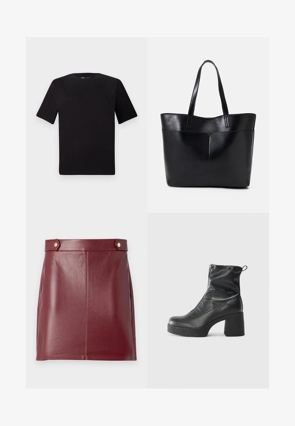 Schwarzes T-Shirt mit kurzen Ärmeln und Rundhalsausschnitt, aus weichem Baumwollmaterial gefertigt. Schlichtes Design, keine sichtbaren Logos oder Muster.; Burgunderfarbene Leder-Minirock mit glatter Textur, in körpernaher Passform, seitlichen Einsätzen und zwei goldfarbenen Knöpfen am Bund.; Schwarze Stiefeletten aus glattem Leder mit seitlichem Reißverschluss, klobigem strukturiertem Absatz und runder Zehenform.; Schwarze Leder-Shopper-Tasche mit zwei langen Griffen, einer glatten Textur und einer strukturierten Form. Verfügt über eine Vordertasche für zusätzlichen Stauraum.