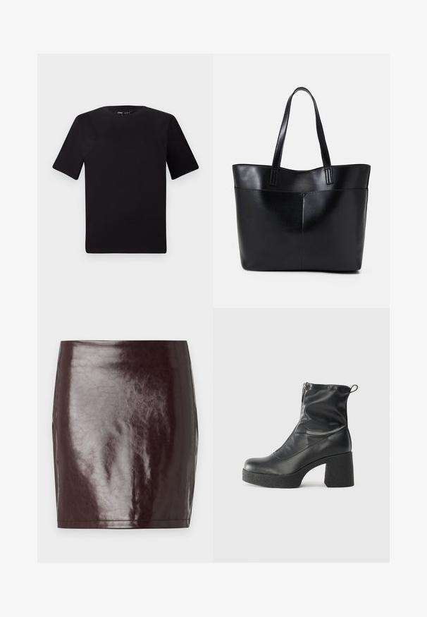 T-shirt preta de mangas curtas com decote redondo, feita de tecido de algodão suave. Design simples, sem logótipos ou padrões visíveis.; Saia mini de imitação de pele bordô com uma textura lisa e brilhante e uma silhueta ajustada. Apresenta linhas limpas e uma bainha reta.; Botas de tornozelo pretas feitas de couro liso, com fecho lateral, salto grosso texturizado e design de bico arredondado.; Bolsa tote preta em couro com duas alças longas, textura suave e forma estruturada. Apresenta um bolso frontal para armazenamento adicional.