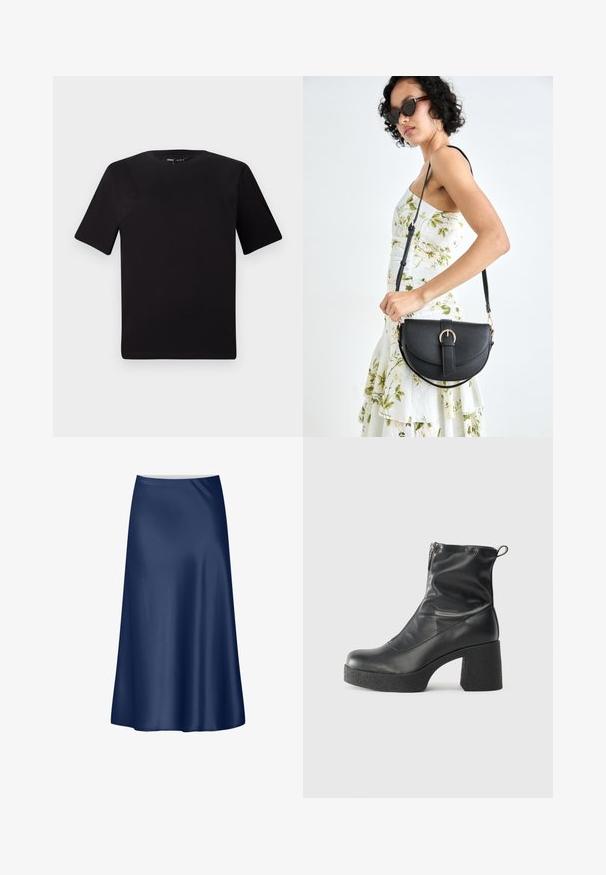 Black short-sleeve t-shirt with a round neckline, crafted from soft cotton fabric. Simple design, no visible logos or patterns.; Navy satin A-line skirt with a smooth texture, flowing design, and a mid-length cut. Features a clean waistband with no additional accents.; Black ankle boots made of smooth leather, featuring a side zipper, chunky textured heel, and rounded toe design.; Black leather handbag with a curved shape, detachable strap, and gold hardware. The bag features a flap with a buckle detail.