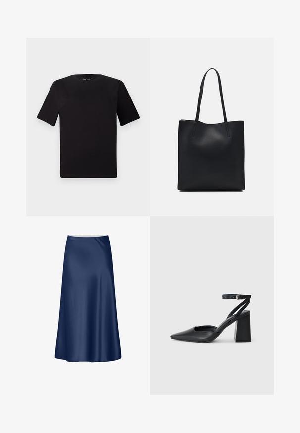 Melnas īsām piedurknēm T-krekls ar apaļu kakla izgriezumu, izgatavots no mīksta kokvilnas auduma. Vienkāršs dizains, bez redzamām logo vai rakstiem.; Jūras spēku satīna A-line svārki ar gludu tekstūru, plūstošu dizainu un vidēja garuma piegriezumu. Iezīmējas ar tīru jostu bez papildu akcentiem.; Melna ādas augstpapēžu kurpe ar norakstīto purngala formu, potītes siksniņu un masīlu papēdi. Gluda tekstūra, elegants dizains un minimālisma estētika.; Melnas ādas somiņa ar gludu tekstūru, taisnstūra formu un divām garām rokturiem. Nav redzamu aparatūras vai rotājumu.