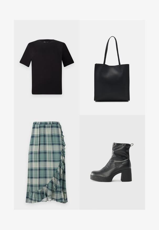 Must olema lühikeste varrukatega must t-särk ümmarguse kaelusega, valmistatud pehmest puuvillast kangast. Lihtne disain, ilma nähtavate logode või mustriteta.; Roheline ja tumesinine ruuduline seelik, millel on volangäär ja elastne vöökoht. Kanga pind on sile, erinevate ruuduliste mustritega.; Mustad mustad ansapüksid, mis on valmistatud siledast nahast, külje zipperiga, paksu tekstuuriga kontsaga ja ümmarguse nina disainiga.; Mustast nahast kott sujuva tekstuuriga, ristkülikukujuline ja kahe pika sangaga. Pole nähtavat riistvara ega kaunistusi.