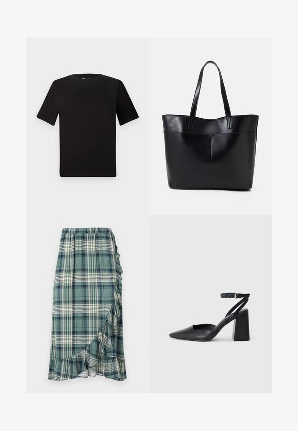 Juodas trumpas rankovės marškinėlis su apvaliu iškirpimu, pagamintas iš minkštos medvilnės medžiagos. Paprastas dizainas, be matomų logotipų ar raštų.; Žalia ir jūrinės spalvos languota sijonas, su volaniniu apvadu ir elastinga juosmeniu. Medžiaga yra lygi su įvairiais languotais raštais.; Juoda odinė smailiagalė aukštakulnio bateliai su kulkšnies dirželiu ir storu kulnu. Lygus paviršius, elegantiškas dizainas ir minimalistiška estetinė. ; Juoda odinė rankinė su dviem ilgais diržais, lygiu paviršiumi ir struktūrizuota forma. Yra priekinė kišenė papildomam saugojimui.