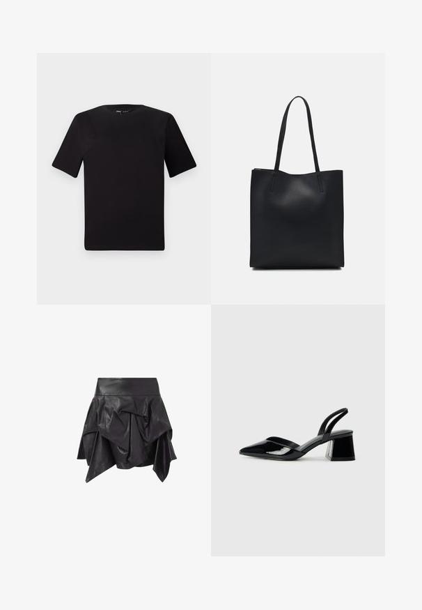 Must olema lühikeste varrukatega must t-särk ümmarguse kaelusega, valmistatud pehmest puuvillast kangast. Lihtne disain, ilma nähtavate logode või mustriteta.; Must mustrõiv, millel on lükatud, asümmeetriline disain, vooderdatud detailide ja sobiva vöökoht. Sile tekstuur läikiva viimistlusega.; Mustad musta lakknahk kingad, millel on terav varvas ja geomeetriline plokkkonts. Omab elegantselt minimalistlikku disaini ja sujuvat tekstuuri.; Mustast nahast kott sujuva tekstuuriga, ristkülikukujuline ja kahe pika sangaga. Pole nähtavat riistvara ega kaunistusi.