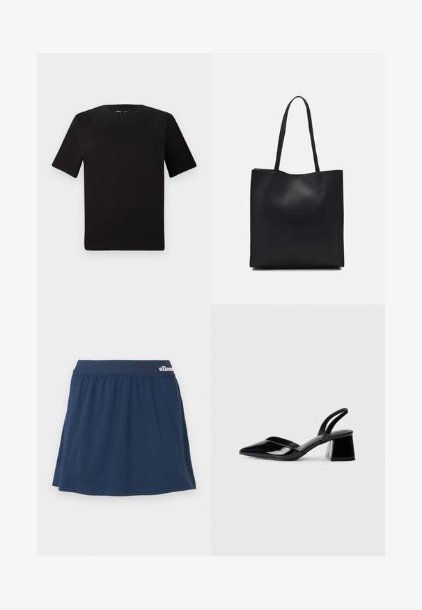 Tricou scurt negru cu mânecă scurtă și guler rotund, realizat dintr-un material de bumbac moale. Design simplu, fără logo-uri sau modele vizibile.; Fustă scurtă din material moale de culoare bleumarin, cu un brâu elastic. Prezintă un design plisat și un mic logo pe brâu.; Pantofi cu toc slingback din piele lacuită neagră, cu vârf ascuțit și toc geometric. Prezintă un design elegant, minimalist și o textură netedă.; Geantă tote neagră din piele, cu textură netedă, formă rectangulară și două mânere lungi. Fără hardware vizibil sau ornamente.