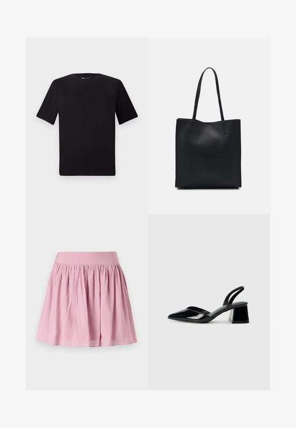 T-shirt preta de mangas curtas com decote redondo, feita de tecido de algodão suave. Design simples, sem logótipos ou padrões visíveis.; Saia rosa clara com corte evasê, cintura elástica e tecido franzido, apresentando uma textura suave e um corte até ao joelho. Sem padrões ou detalhes.; Sandy em verniz preto com salto slingback, ponta afilada e salto geométrico. Apresenta um design elegante e minimalista com textura suave.; Bolsa tote preta em couro com textura lisa, forma retangular e duas alças longas. Sem hardware ou enfeites visíveis.