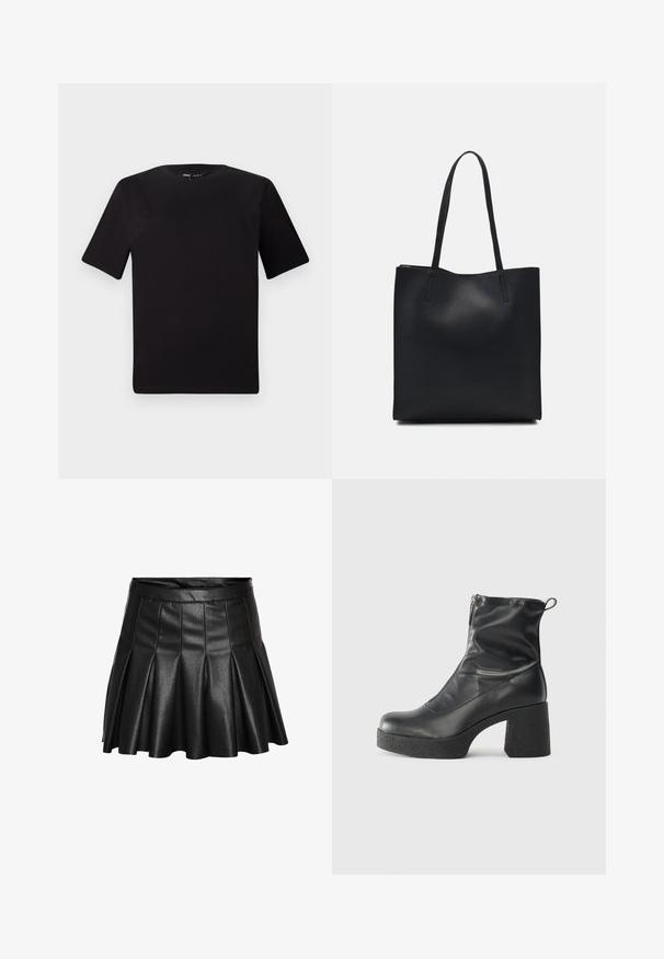 T-shirt preta de mangas curtas com decote redondo, feita de tecido de algodão suave. Design simples, sem logótipos ou padrões visíveis.; Saia preta plissada feita de couro sintético, com cintura ajustada e bainha ampla. Textura elegante com acabamento liso e brilhante.; Botas de tornozelo pretas feitas de couro liso, com fecho lateral, salto grosso texturizado e design de bico arredondado.; Bolsa tote preta em couro com textura lisa, forma retangular e duas alças longas. Sem hardware ou enfeites visíveis.