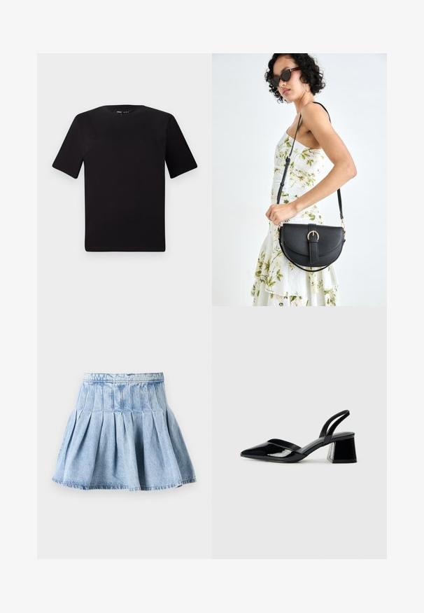 Juodas trumpas rankovės marškinėlis su apvaliu iškirpimu, pagamintas iš minkštos medvilnės medžiagos. Paprastas dizainas, be matomų logotipų ar raštų.; Šviesiai mėlynas džinsinis sijonas, turintis pilną klosčių dizainą ir juosmenį. Audinys pasižymi subtilia tekstūra ir matomais siuvimo detalėmis.; Juodos lakuotos odinės šlepetės su smailiu pirštu ir geometriniu bloko kulnu. Turi elegantišką, minimalistinį dizainą ir lygų paviršių.; Juodas odinis krepšys su išlenkta forma, nuimamu dirželiu ir auksiniais detalėmis. Krepšys turi kilpą su sagtimi.