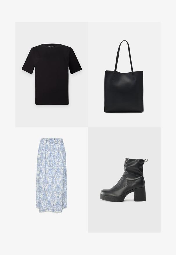 Juodas trumpas rankovės marškinėlis su apvaliu iškirpimu, pagamintas iš minkštos medvilnės medžiagos. Paprastas dizainas, be matomų logotipų ar raštų.; Balta sijonas su mėlynu gėlių raštu, su klostėmis ir nėriniu aptrauktu kraštu. Pagamintas iš lengvos medžiagos, su surišamu liemeniu.; Juodos kulkšninių botai, pagaminti iš lygaus odos, su šoniniu užtrauktuku, masyviu tekstūruotu kulnu ir apvaliu pirštu.; Juodas odinis tote krepšys su lygia tekstūra, stačiakampio formos ir dviem ilgais rankenomis. Matomų metalinių detalių ar puošybos nėra.