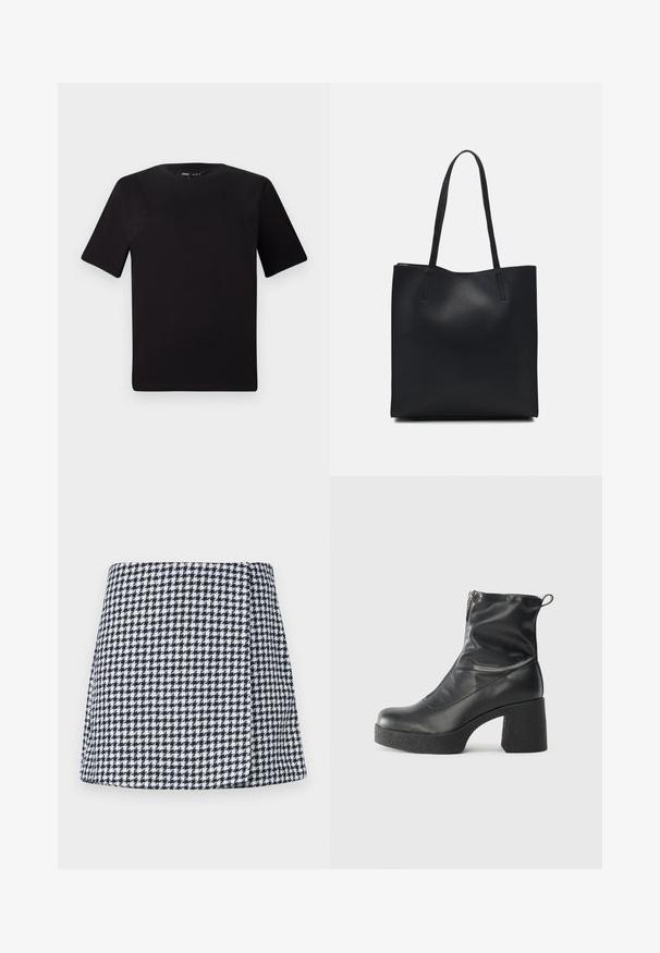 Μαύρο κοντομάνικο μπλουζάκι με στρογγυλή λαιμόκοψη, κατασκευασμένο από απαλό βαμβακερό ύφασμα. Απλός σχεδιασμός, χωρίς ορατά λογότυπα ή μοτίβα.; Μίνι φούστα με καρώ σχέδιο σε ναυτικό μπλε και λευκό, κατασκευασμένη από υφασμάτινη δομή με φαρδιά γραμμή και κρυφό φερμουάρ πλευρικά για κλείσιμο.; Μαύρες μποτές μέχρι τον αστράγαλο από λείο δέρμα, με πλευρικό φερμουάρ, χοντρό υφασμάτινο τακούνι και στρογγυλή μύτη.; Μαύρη δερμάτινη τσάντα tote με λείο υφή, ορθογώνιο σχήμα και δύο μακριές λαβές. Χωρίς ορατό υλικό ή διακοσμητικά στοιχεία.