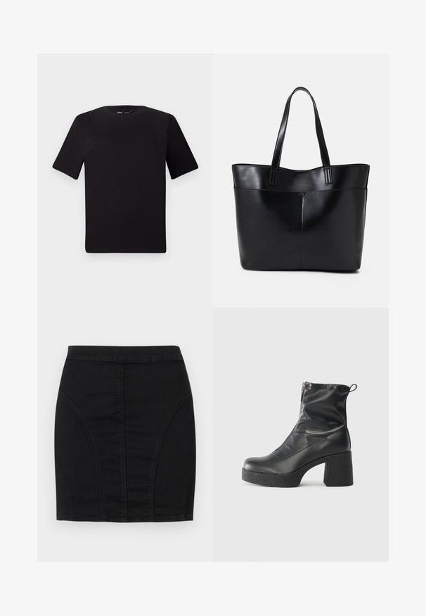 Schwarzes T-Shirt mit kurzen Ärmeln und Rundhalsausschnitt, aus weichem Baumwollmaterial gefertigt. Schlichtes Design, keine sichtbaren Logos oder Muster.; Schwarzer Denim-Minirock mit taillierter Passform, strukturierten Paneelen und sichtbaren Nähten für zusätzliche Details. Glatte Textur und schlanke Silhouette.; Schwarze Stiefeletten aus glattem Leder mit seitlichem Reißverschluss, klobigem strukturiertem Absatz und runder Zehenform.; Schwarze Leder-Shopper-Tasche mit zwei langen Griffen, einer glatten Textur und einer strukturierten Form. Verfügt über eine Vordertasche für zusätzlichen Stauraum.