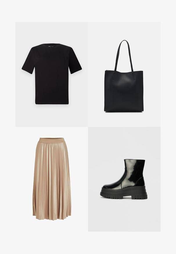 Black short-sleeve t-shirt with a round neckline, crafted from soft cotton fabric. Simple design, no visible logos or patterns.; Pleated midi skirt in light beige satin fabric. Features a wide, elastic waistband and elegant vertical folds across the entire length.; Black glossy ankle boot with thick lug sole and rounded toe, side view on plain light gray background.; Black leather tote bag with smooth texture, rectangular shape, and two long handles. No visible hardware or embellishments.