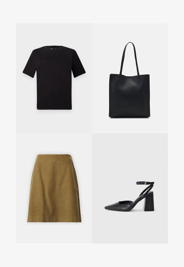 T-shirt preta de mangas curtas com decote redondo, feita de tecido de algodão suave. Design simples, sem logótipos ou padrões visíveis.; Selected Femme SLFJENNY NEWIBI SKIRT - Saia evasé - camel; Sandal com biqueira afilada em couro preto, com cinta no tornozelo e salto grosso. Textura lisa, design elegante e estética minimalista.; Bolsa tote preta em couro com textura lisa, forma retangular e duas alças longas. Sem hardware ou enfeites visíveis.