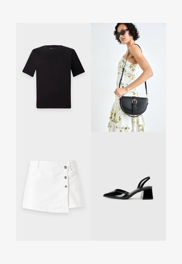 Fekete, rövid ujjú póló, kerek nyakkal, puha pamutból készült. Egyszerű dizájn, nincs látható logó vagy minta.; Fehér farmer mini szoknya egyenes szabással, oldalsó gombos záródással négy fém gombbal és diszkrét, felgöngyölt szegéllyel.; Fekete lakk bőr szandálkés magas sarkú cipő, hegyes orral és geometrikus tömbsarkakkal. Karcsú, minimalista dizájn és sima textúra jellemzi.; Fekete bőrtáska ívelt formával, levehető pánttal és arany színű fémrészekkel. A táskán egy csattal díszített fedél található.
