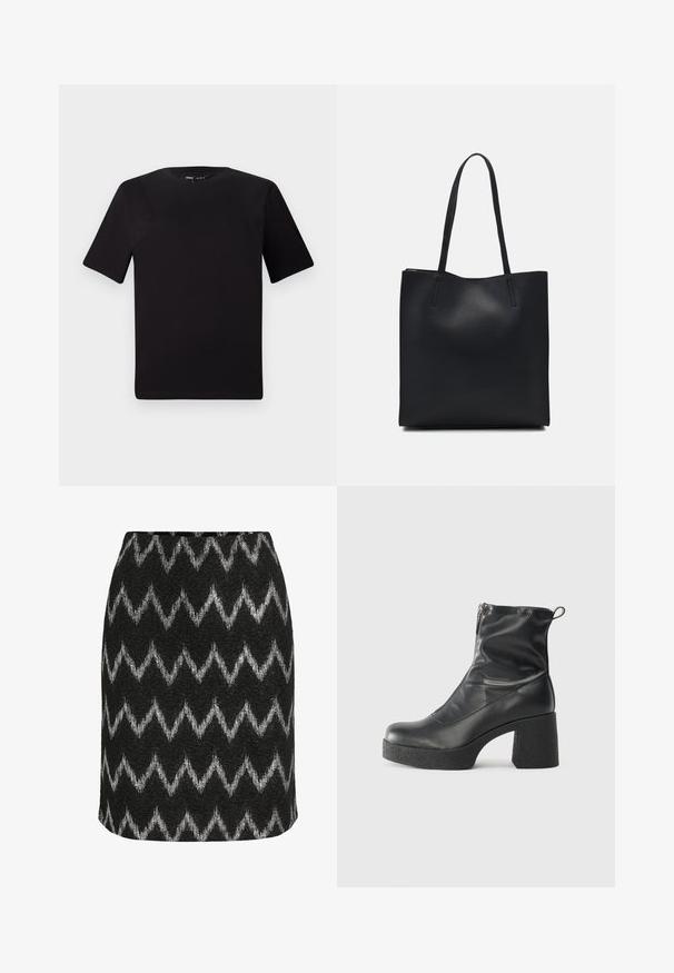 Svart t-skjorte med korte ermer og rund hals, laget av mykt bomullsstoff. Enkelt design, ingen synlige logoer eller mønstre.; Svart skjørt med et sikksakkmønster i sølv, laget av et teksturert stoff med en tettsittende silhuett og en rett nederkant.; Svarte ankelstøvler laget av glatt lær, med glidelås på siden, chunky strukturert hæl, og rund tå-design.; Svart lær tote bag med glatt tekstur, rektangulær form og to lange håndtak. Ingen synlige deler eller dekorasjoner.