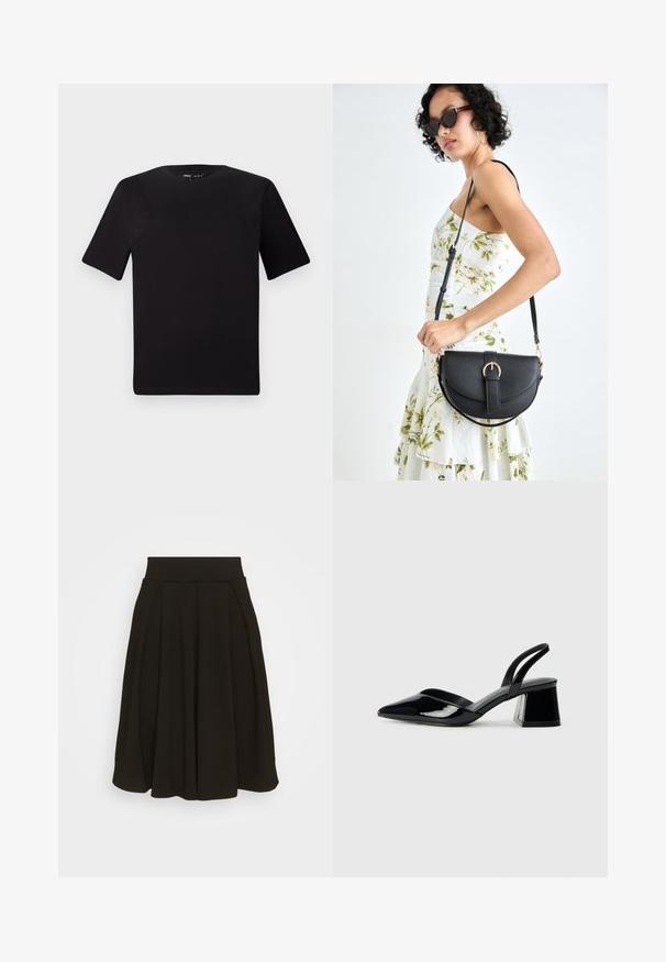 T-shirt nera a maniche corte con scollatura rotonda, realizzata in morbido cotone. Design semplice, senza loghi o motivi visibili.; Gonna plissettata nera con una ampia vita elastica. Realizzata in un tessuto morbido, presenta un orlo fino al ginocchio e una texture liscia.; Décolleté in vernice nera con punta affusolata e tacco in geometria cubica. Presentano un design elegante e minimalista, con una texture liscia.; Borsa a tracolla nera in pelle con una forma curva, manico rimovibile e accessori dorati. La borsa presenta una patta con un dettaglio a fibbia.