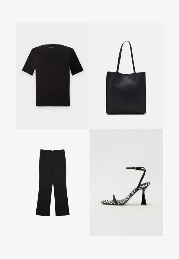 Čierne tričko s krátkym rukávom a okrúhlym výstrihom, vyrobené z mäkkej bavlny. Jednoduchý dizajn, bez viditeľných log alebo vzorov.; Čierne nohavice so strihom rovného strihu, s prednými vreckami a bočnými rozparkami na leme. Vyrobené z mäkkej, hladkej tkaniny. Vhodné na rôzne príležitosti.; Čierno-biela zebrová potlač na vysokých podpätkoch s otvorenou špičkou, štíhlym členkovým remienkom a geometricky tvarovaným blokovým podpätkom. Hladká textúra.; Čierna kožená taška na rameno s hladkým povrchom, obdĺžnikovým tvarom a dvoma dlhými uchami. Bez viditeľného kovania alebo ozdôb.