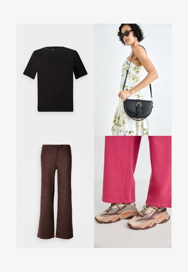 Must olema lühikeste varrukatega must t-särk ümmarguse kaelusega, valmistatud pehmest puuvillast kangast. Lihtne disain, ilma nähtavate logode või mustriteta.; Pruunid laiad püksid pehmest, nahkjas kangast. Omavad nelja taskut, nööbiga kinnitamist ja siledat, tekstuurset pinda.; Kohmakad beežid tossud, millel on võrkturv ja pruunid aktsendid, koos oranžide esiletõstetega ja tekstureeritud tallaga. Ühildatud roosade pükstega, esitades lõdva välimuse.; Mustmust mustraha kõverate joontega, eemaldatava rihmaga ja kuldsete detailidega. Kotil on klapp, millel on pandladetail.