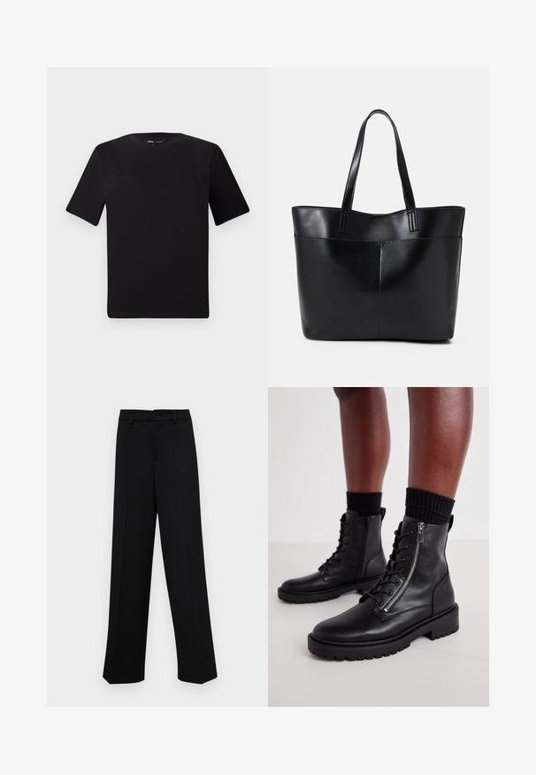Crna majica kratkih rukava s okruglim izrezom, izrađena od mekane pamučne tkanine. Jednostavan dizajn, bez vidljivih logotipa ili uzoraka.; Crne široke hlače od glatkog materijala, s klasičnim pojasom koji se zatvara dugmetom i prednjim naborima.; ONLY SHOES ONLBOLD - Gležnjače s platformom - black; Crna kožna torba s dugim ručkama, glatkom teksturom i strukturiranim oblikom. Ima prednju džep za dodatno pohranu.