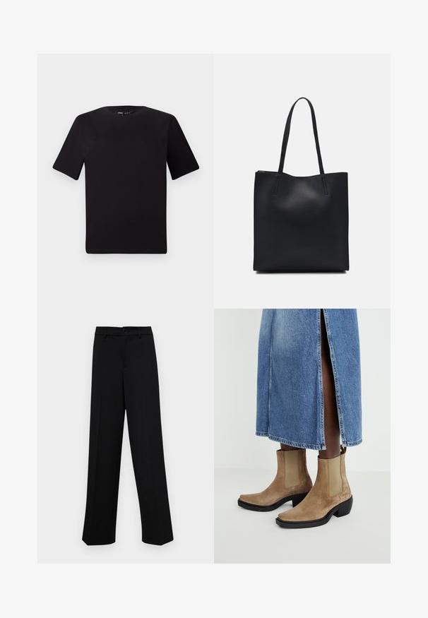 Must olema lühikeste varrukatega must t-särk ümmarguse kaelusega, valmistatud pehmest puuvillast kangast. Lihtne disain, ilma nähtavate logode või mustriteta.; Musta laiad püksid siledast kangast, millel on klassikaline vöökoht, nööbiga sulgemine ja ees voldid.; Küpsetatud nahast vasika-kõrgused saapad beežides toonides, elastsete külgpanelitega ja musta plokkninakuga. Kantud helesinise teksaseeliku kõrval lõhikuga.; Mustast nahast kott sujuva tekstuuriga, ristkülikukujuline ja kahe pika sangaga. Pole nähtavat riistvara ega kaunistusi.