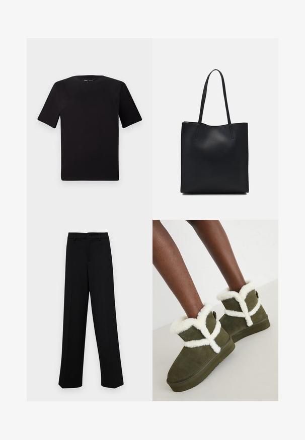 Crna majica kratkih rukava s okruglim izrezom, izrađena od mekane pamučne tkanine. Jednostavan dizajn, bez vidljivih logotipa ili uzoraka.; Crne široke hlače od glatkog materijala, s klasičnim pojasom koji se zatvara dugmetom i prednjim naborima.; Zelene antilopne gležnjače s bijelim umjetnim krznom, s križnim dizajnom, ravnim gumenim potplatom i petnim trakama za lakše obuvanje.; Crna kožna torba za nošenje s glatkom teksturom, pravokutnim oblikom i dvije duge ručke. Nema vidljivih metalnih dijelova ili ukrasa.