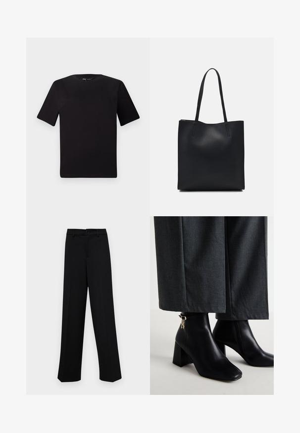Schwarzes T-Shirt mit kurzen Ärmeln und Rundhalsausschnitt, aus weichem Baumwollmaterial gefertigt. Schlichtes Design, keine sichtbaren Logos oder Muster.; Schwarze, weit geschnittene Hosen aus glattem Stoff, mit einem klassischen Taillenbund und einem Knopfverschluss sowie vorderen Falten.; Schwarze Lederstiefeletten mit quadratischer Zehenform und Blockabsatz. Mit einem goldenen Logodetail am Riemen. Kombiniert mit grauen weit geschnittenen Hosen.; Schwarze Laptoptasche aus Leder mit glatter Textur, rechteckiger Form und zwei langen Griffen. Keine sichtbaren Beschläge oder Verzierungen.
