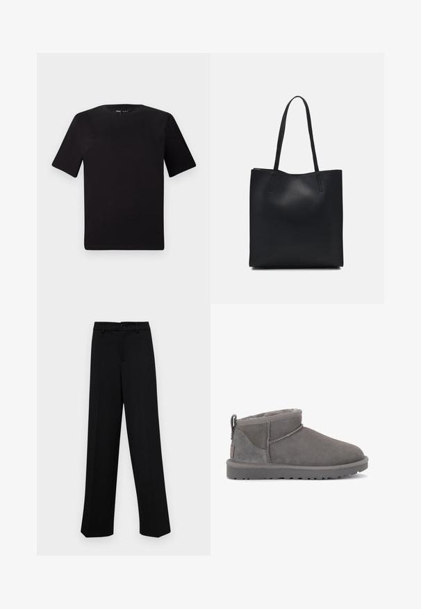 Crna majica kratkih rukava s okruglim izrezom, izrađena od mekane pamučne tkanine. Jednostavan dizajn, bez vidljivih logotipa ili uzoraka.; Crne široke hlače od glatkog materijala, s klasičnim pojasom koji se zatvara dugmetom i prednjim naborima.; Sive zamšene gležnjače s mekanim unutarnjim podstavljanjem, minimalnim šavovima i oblikovanim gumenim potplatima. Imaju povlačnu petlju straga.; Crna kožna torba za nošenje s glatkom teksturom, pravokutnim oblikom i dvije duge ručke. Nema vidljivih metalnih dijelova ili ukrasa.