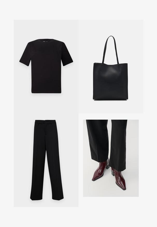 Crna majica kratkih rukava s okruglim izrezom, izrađena od mekane pamučne tkanine. Jednostavan dizajn, bez vidljivih logotipa ili uzoraka.; Crne široke hlače od glatkog materijala, s klasičnim pojasom koji se zatvara dugmetom i prednjim naborima.; Bordo lakirane čizme do gležnja s oštrim vrhom, debelim potplatom i teksturiranim završetkom, uparene s crnim širokim hlačama.; Crna kožna torba za nošenje s glatkom teksturom, pravokutnim oblikom i dvije duge ručke. Nema vidljivih metalnih dijelova ili ukrasa.