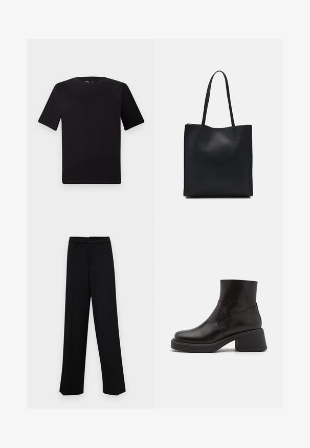 Schwarzes T-Shirt mit kurzen Ärmeln und Rundhalsausschnitt, aus weichem Baumwollmaterial gefertigt. Schlichtes Design, keine sichtbaren Logos oder Muster.; Schwarze, weit geschnittene Hosen aus glattem Stoff, mit einem klassischen Taillenbund und einem Knopfverschluss sowie vorderen Falten.; Vagabond DORAH - Plateaustiefelette - black; Schwarze Laptoptasche aus Leder mit glatter Textur, rechteckiger Form und zwei langen Griffen. Keine sichtbaren Beschläge oder Verzierungen.