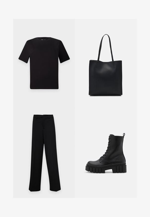 Camiseta negra de manga corta con cuello redondo, fabricada en suave algodón. Diseño simple, sin logos ni patrones visibles.; Pantalones de pierna ancha negros, hechos de un tejido suave, con una cintura clásica que incluye un cierre de botón y pliegues frontales.; Botín negro de cuero hasta el tobillo con suela gruesa y estriada, parte delantera con cordones y lengüeta en un fondo blanco liso.; Bolso tote de cuero negro con textura lisa, forma rectangular y dos asas largas. Sin herrajes ni adornos visibles.