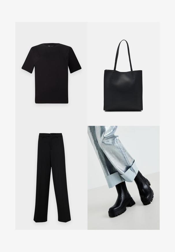 Black short-sleeve t-shirt with a round neckline, crafted from soft cotton fabric. Simple design, no visible logos or patterns.; Black wide-leg trousers made of smooth fabric, featuring a classic waistband with a button closure and front pleats.; Black chunky ankle boots with textured soles, worn with silver metallic pants featuring a light denim cuff. Minimalist design, sleek materials.; Black leather tote bag with smooth texture, rectangular shape, and two long handles. No visible hardware or embellishments.