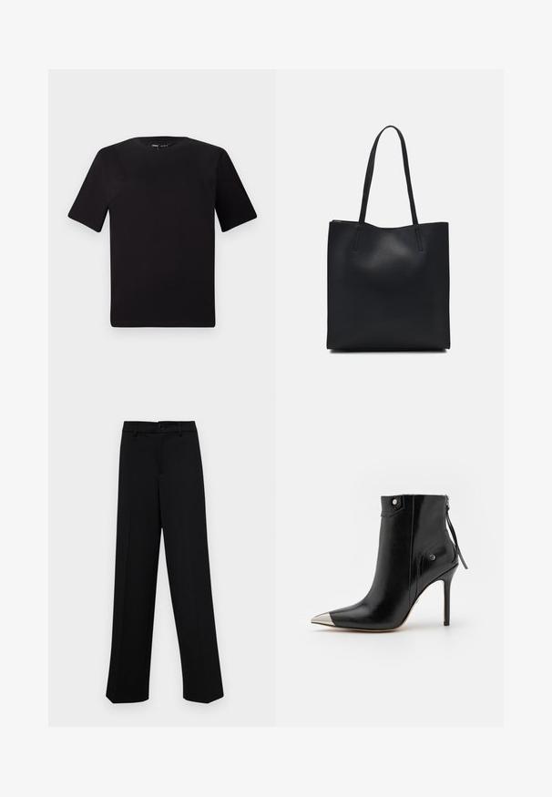 Black short-sleeve t-shirt with a round neckline, crafted from soft cotton fabric. Simple design, no visible logos or patterns.; Black wide-leg trousers made of smooth fabric, featuring a classic waistband with a button closure and front pleats.; ALDO NILITA PILLOW WALK - Classic ankle boots - black; Black leather tote bag with smooth texture, rectangular shape, and two long handles. No visible hardware or embellishments.