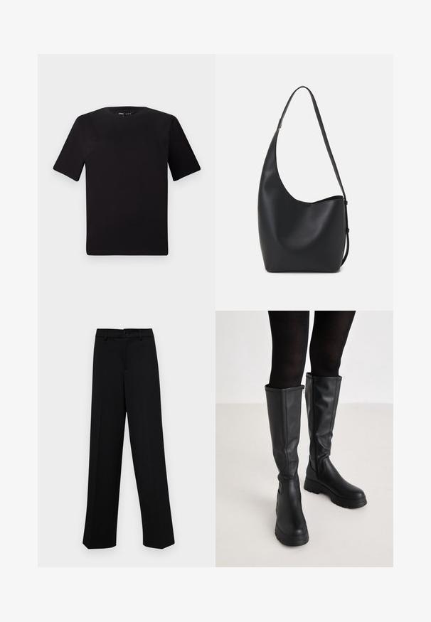 Black short-sleeve t-shirt with a round neckline, crafted from soft cotton fabric. Simple design, no visible logos or patterns.; Black wide-leg trousers made of smooth fabric, featuring a classic waistband with a button closure and front pleats.; Even&Odd Platform boots - black; Black leather hobo bag with a smooth texture, curved shape, and single adjustable strap; features a wide opening at the top.