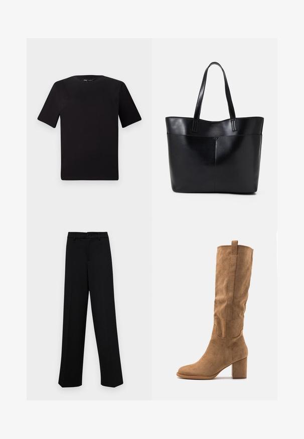 T-shirt noir à manches courtes avec un col rond, fabriqué en coton doux. Design simple, sans logos ni motifs visibles.; Pantalons larges noirs en tissu lisse, avec une taille classique à fermeture à bouton et des plis sur le devant.; Botte en daim beige hauteur genou avec un talon bloc, présentant des accents cousus et une silhouette épurée pour un look moderne.; Sac fourre-tout en cuir noir avec deux longues poignées, une texture lisse et une forme structurée. Dispose d'une poche avant pour un rangement supplémentaire.