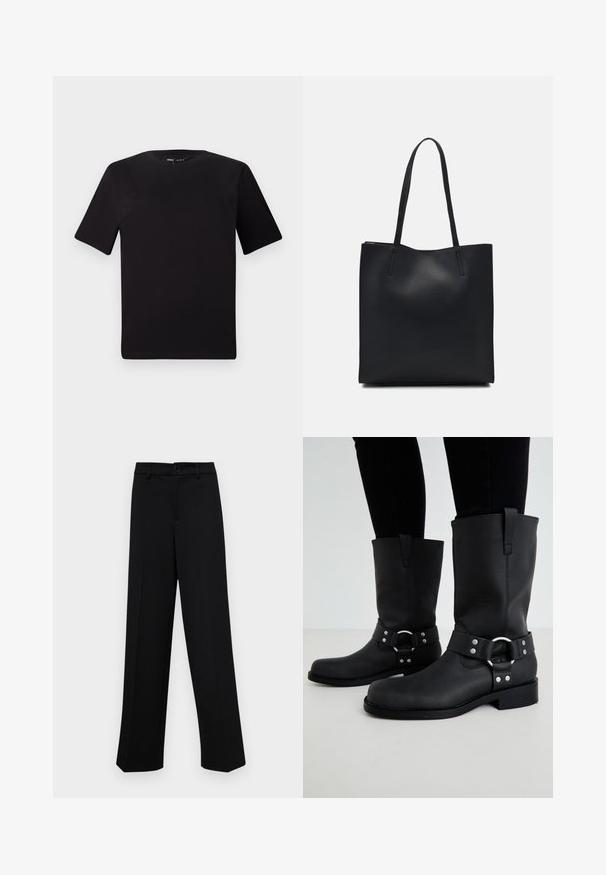 Black short-sleeve t-shirt with a round neckline, crafted from soft cotton fabric. Simple design, no visible logos or patterns.; Black wide-leg trousers made of smooth fabric, featuring a classic waistband with a button closure and front pleats.; ONLY SHOES ONLBAX - Cowboy/Biker boots - black; Black leather tote bag with smooth texture, rectangular shape, and two long handles. No visible hardware or embellishments.