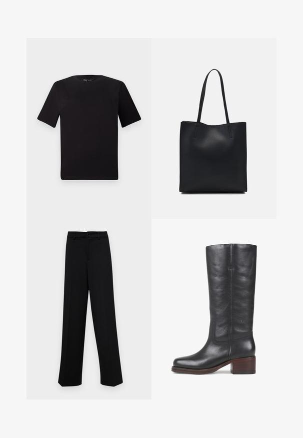 Tricou scurt negru cu mânecă scurtă și guler rotund, realizat dintr-un material de bumbac moale. Design simplu, fără logo-uri sau modele vizibile.; Pantaloni negri cu croi larg, dintr-un material neted, având un talie clasică cu închidere prin buton și plisuri frontale.; Botă din piele neagră, de tip knee-high, cu o textură netedă, vârf pătrat și toc din lemn compact. Prezintă cusături subtile și un design cu cusătura laterală.; Geantă tote neagră din piele, cu textură netedă, formă rectangulară și două mânere lungi. Fără hardware vizibil sau ornamente.