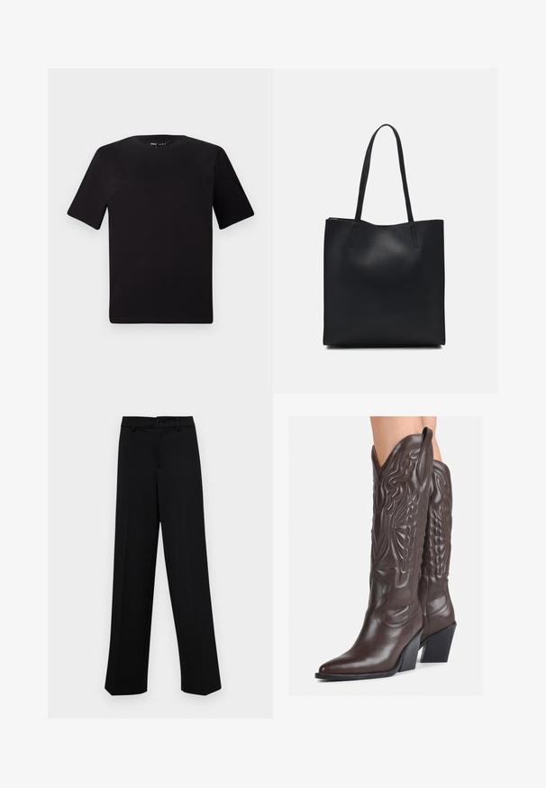 Black short-sleeve t-shirt with a round neckline, crafted from soft cotton fabric. Simple design, no visible logos or patterns.; Black wide-leg trousers made of smooth fabric, featuring a classic waistband with a button closure and front pleats.; Brown leather cowboy boots with pointed toe and block heel, featuring detailed stitching and raised accents on the shaft.; Black leather tote bag with smooth texture, rectangular shape, and two long handles. No visible hardware or embellishments.