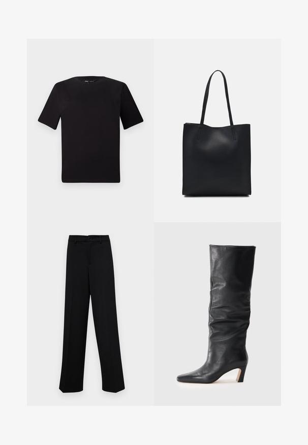 Black short-sleeve t-shirt with a round neckline, crafted from soft cotton fabric. Simple design, no visible logos or patterns.; Black wide-leg trousers made of smooth fabric, featuring a classic waistband with a button closure and front pleats.; Black leather mid-calf heeled boot with a slightly slouched shaft and pointed toe on a light background.; Black leather tote bag with smooth texture, rectangular shape, and two long handles. No visible hardware or embellishments.