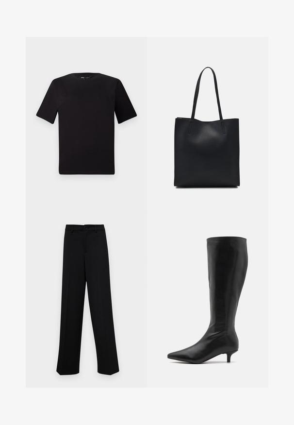Tricou scurt negru cu mânecă scurtă și guler rotund, realizat dintr-un material de bumbac moale. Design simplu, fără logo-uri sau modele vizibile.; Pantaloni negri cu croi larg, dintr-un material neted, având un talie clasică cu închidere prin buton și plisuri frontale.; RAID ALPINE - Cizme - black; Geantă tote neagră din piele, cu textură netedă, formă rectangulară și două mânere lungi. Fără hardware vizibil sau ornamente.