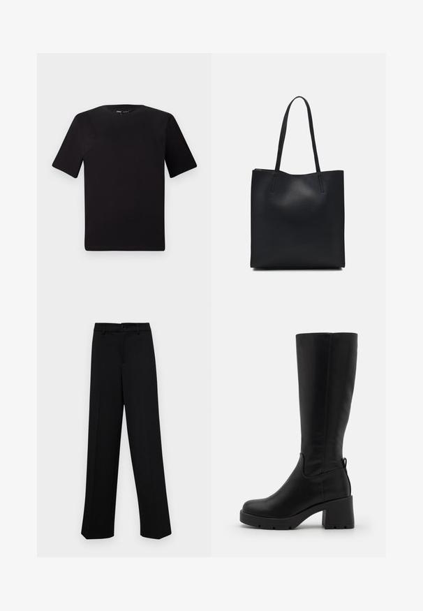 Black short-sleeve t-shirt with a round neckline, crafted from soft cotton fabric. Simple design, no visible logos or patterns.; Black wide-leg trousers made of smooth fabric, featuring a classic waistband with a button closure and front pleats.; Even&Odd Platform boots - black; Black leather tote bag with smooth texture, rectangular shape, and two long handles. No visible hardware or embellishments.