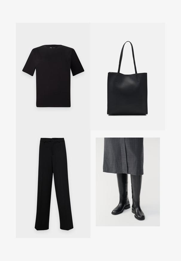 Black short-sleeve t-shirt with a round neckline, crafted from soft cotton fabric. Simple design, no visible logos or patterns.; Black wide-leg trousers made of smooth fabric, featuring a classic waistband with a button closure and front pleats.; Knee-high black leather boots with a smooth texture, side zippers, and a flat sole. The boots feature a structured shaft and minimal hardware.; Black leather tote bag with smooth texture, rectangular shape, and two long handles. No visible hardware or embellishments.
